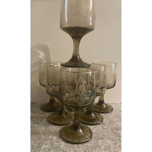 8 Phaltzgraff Village Brown Pedestal Style Juice Glasses With Etched Design 3.25